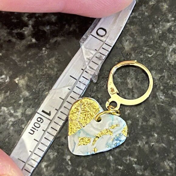 NEW White, Blue, & Gold Leaf Marbled Resin & Polymer Clay Heart Dangle Earrings - Picture 4 of 4